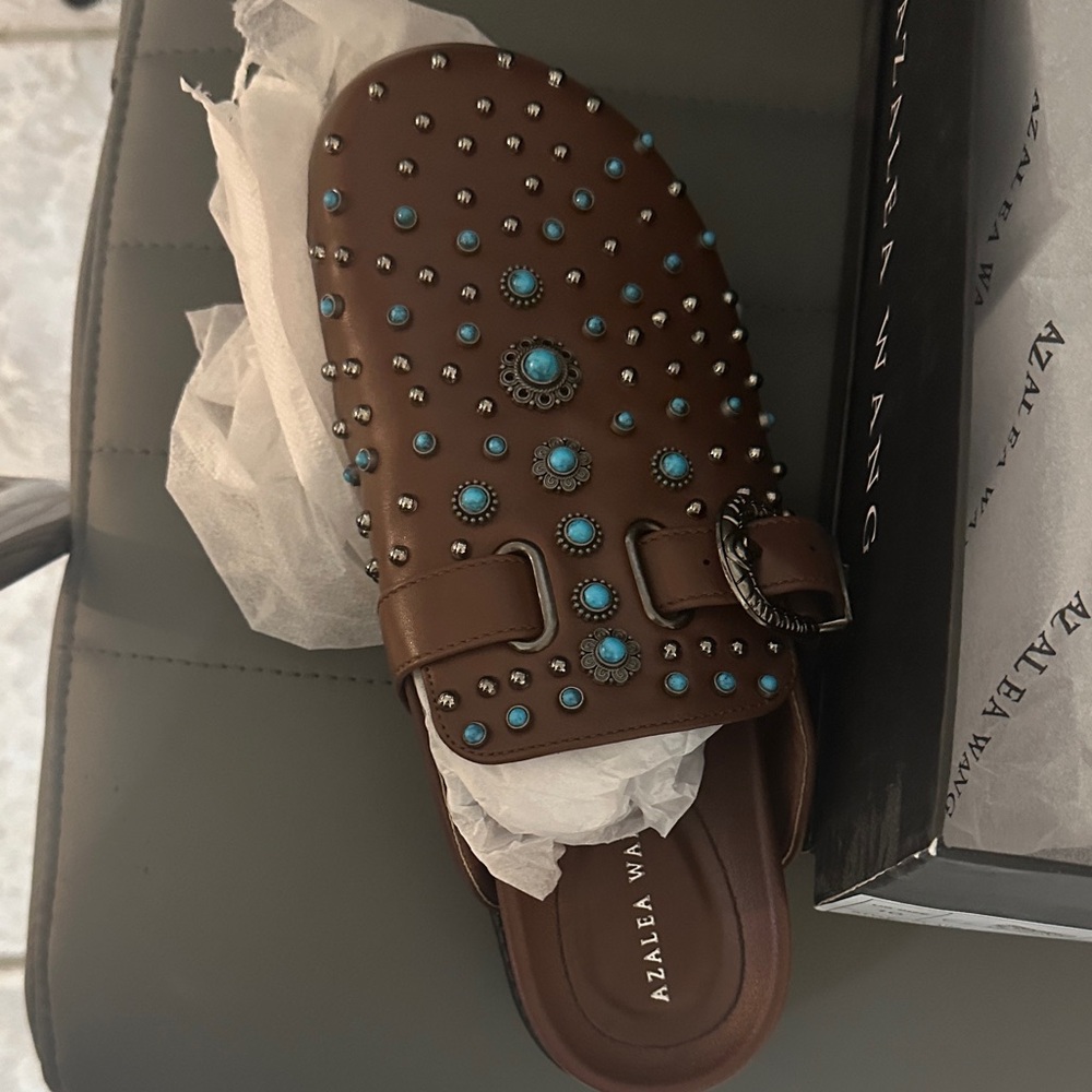 Azalea Wang Brown Mules with Turquoise Studs